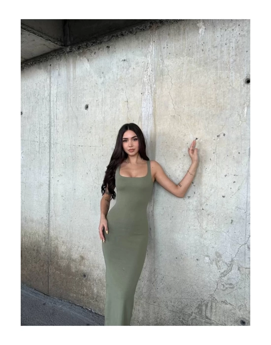 bysoca Kadın Yeşil Kare Yaka Askılı Korsaj Detaylı Vücudu Saran Midi Boy Bodycon Elbise