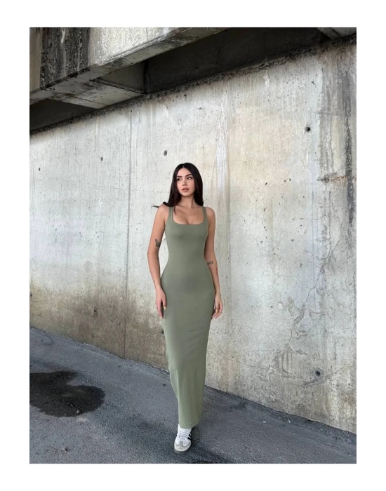 bysoca Kadın Yeşil Kare Yaka Askılı Korsaj Detaylı Vücudu Saran Midi Boy Bodycon Elbise