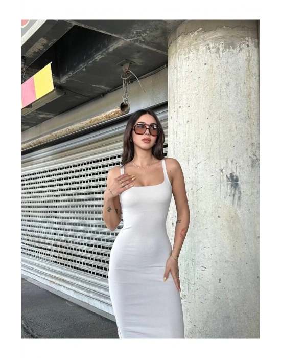 bysoca Kadın Ekru Kare Yaka Askılı Korsaj Detaylı Vücudu Saran Midi Boy Bodycon Elbise