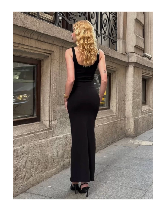 bysoca Kadın Siyah Kare Yaka Askılı Korsaj Detaylı Vücudu Saran Midi Boy Bodycon Elbise