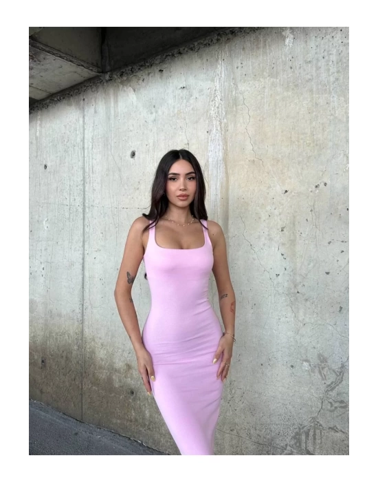 bysoca Kadın Pembe Kare Yaka Askılı Korsaj Detaylı Vücudu Saran Midi Boy Bodycon Elbise