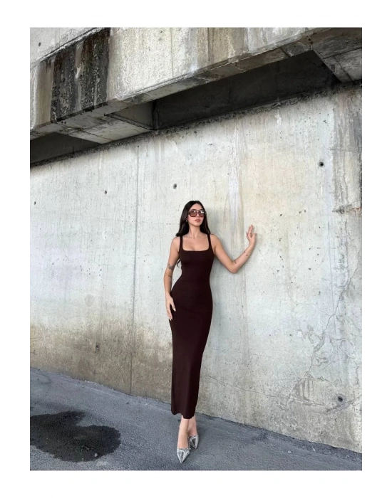bysoca Kadın Kahverengi Kare Yaka Askılı Korsaj Detaylı Vücudu Saran Midi Boy Bodycon Elbise