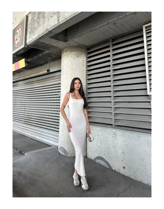 bysoca Kadın Ekru Kare Yaka Askılı Korsaj Detaylı Vücudu Saran Midi Boy Bodycon Elbise