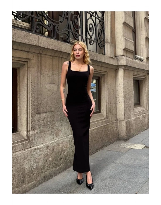 bysoca Kadın Siyah Kare Yaka Askılı Korsaj Detaylı Vücudu Saran Midi Boy Bodycon Elbise