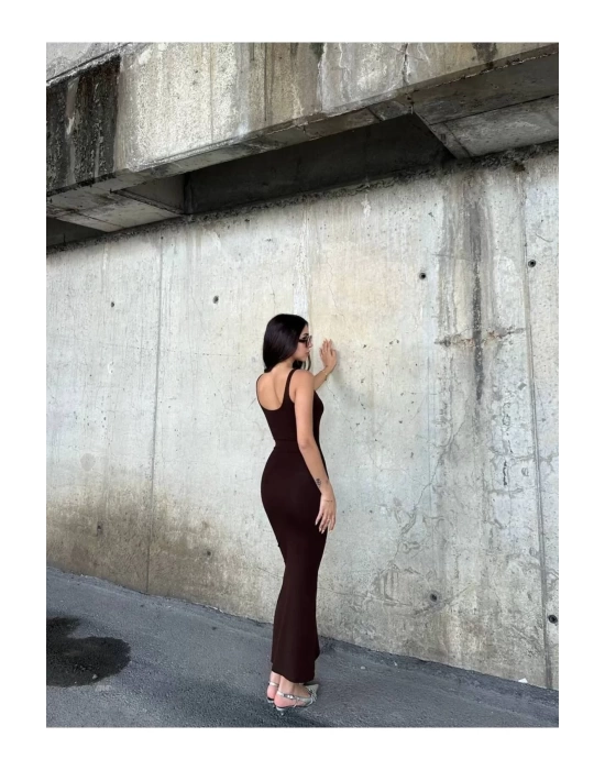 bysoca Kadın Kahverengi Kare Yaka Askılı Korsaj Detaylı Vücudu Saran Midi Boy Bodycon Elbise