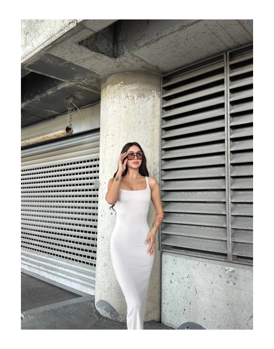 bysoca Kadın Ekru Kare Yaka Askılı Korsaj Detaylı Vücudu Saran Midi Boy Bodycon Elbise