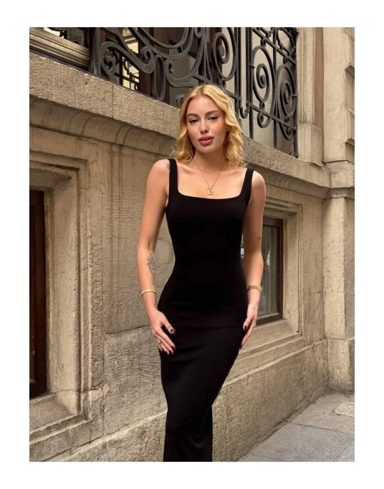 bysoca Kadın Siyah Kare Yaka Askılı Korsaj Detaylı Vücudu Saran Midi Boy Bodycon Elbise