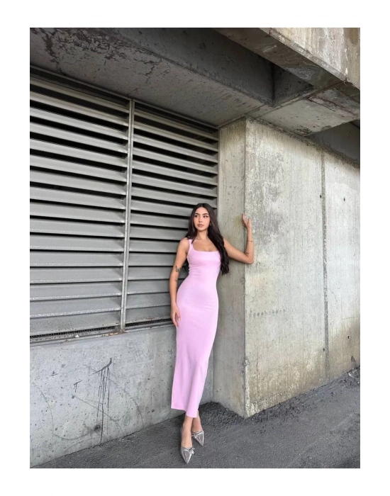 bysoca Kadın Pembe Kare Yaka Askılı Korsaj Detaylı Vücudu Saran Midi Boy Bodycon Elbise