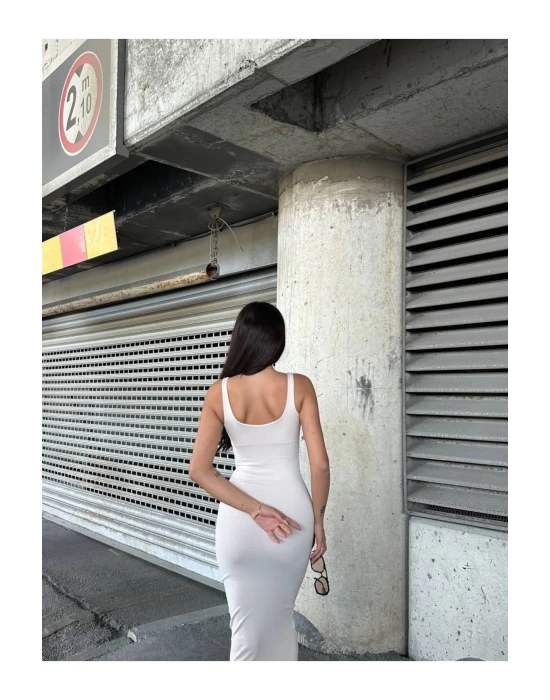 bysoca Kadın Ekru Kare Yaka Askılı Korsaj Detaylı Vücudu Saran Midi Boy Bodycon Elbise