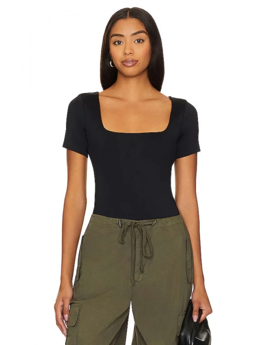 bysoca Kadın Siyah Kare Yaka Kısa Kol Vücudu Saran Basic Bodysuit