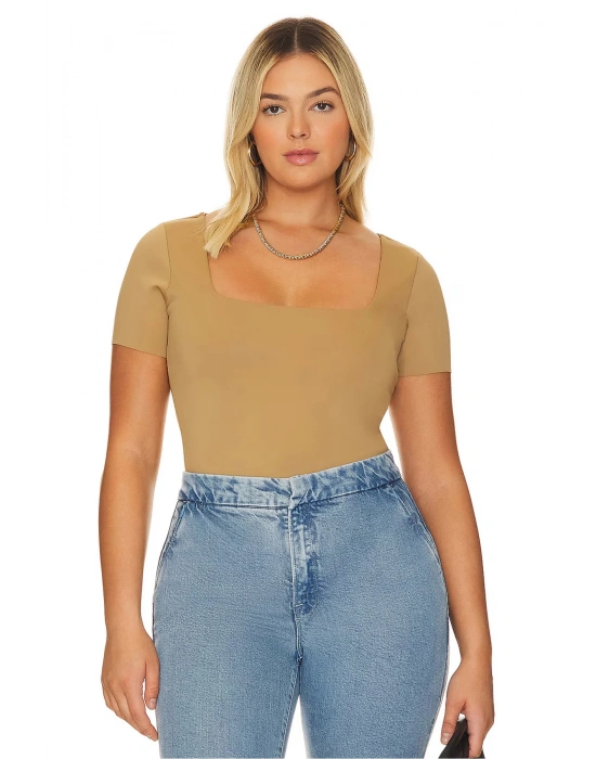 bysoca Kadın Bej Kare Yaka Kısa Kol Vücudu Saran Basic Bodysuit