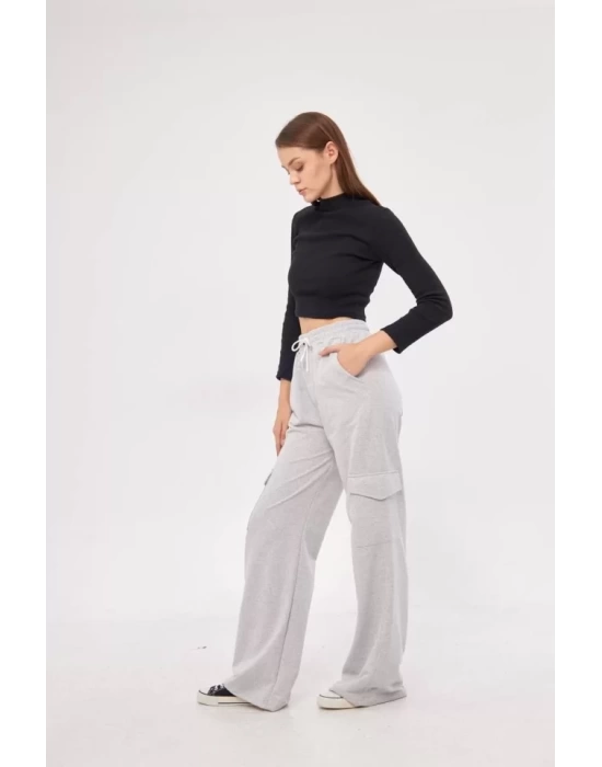 Kargo Cepli Palazzo Oversize Kesim İki Iplik Bol Paça Eşofman Altı Pantalon - Gri