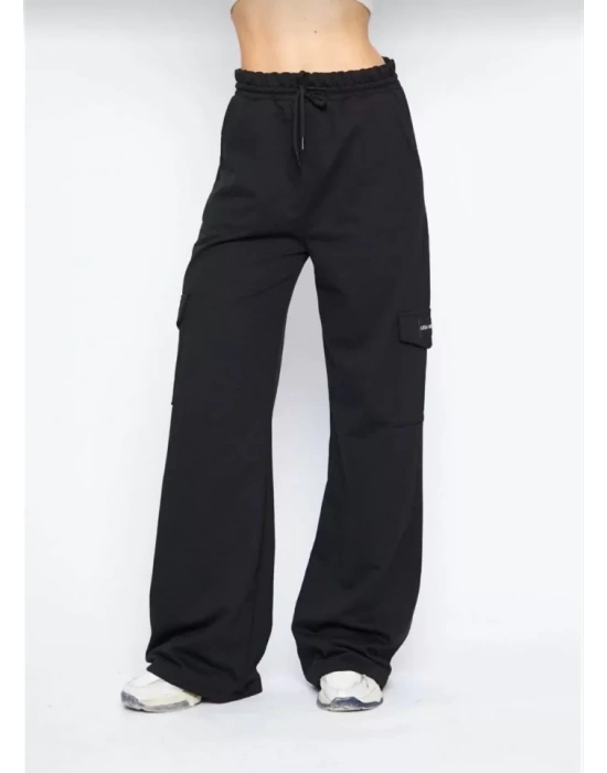 Kargo Cepli Palazzo Oversize Kesim İki Iplik Bol Paça Eşofman Altı Pantalon - Siyah