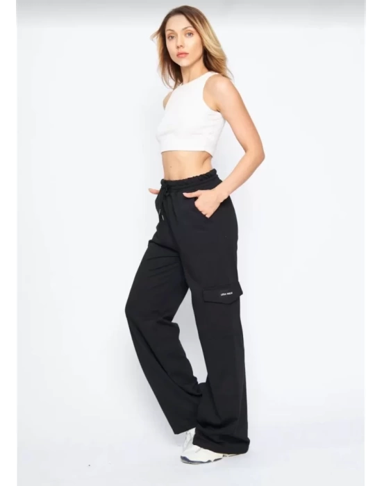 Kargo Cepli Palazzo Oversize Kesim İki Iplik Bol Paça Eşofman Altı Pantalon - Siyah