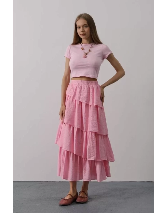 Katlı Kesim Uzun Etek - Pembe