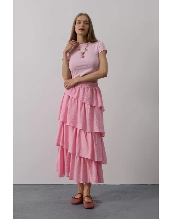 Katlı Kesim Uzun Etek - Pembe