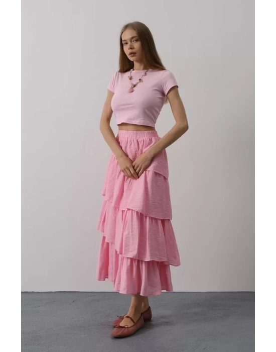 Katlı Kesim Uzun Etek - Pembe