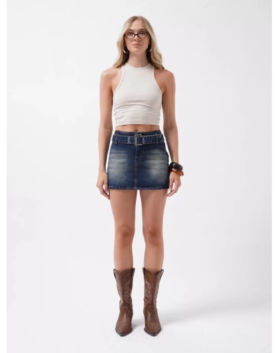 Kemer Detay Denim Mini Etek