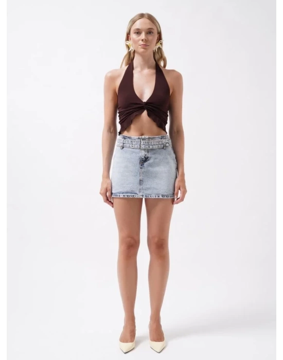 Kemer Detay Denim Mini Etek