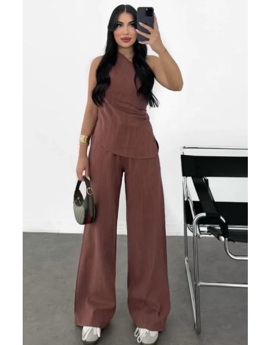 Keten Asimetrik Tek Omuzlu Bluz Pantalon Takım- Bordo