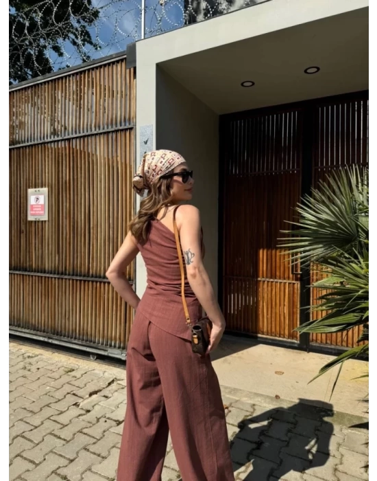 Keten Asimetrik Tek Omuzlu Bluz Pantalon Takım- Bordo