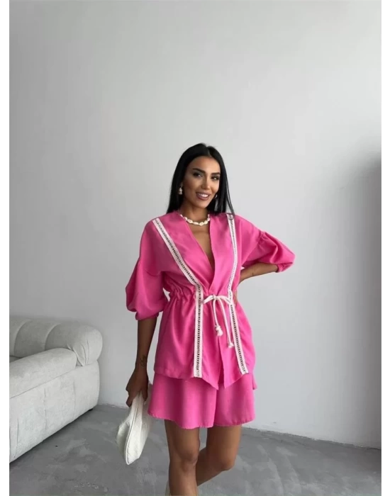 KETEN BEL BÜZGÜLÜ BLUZ-PANTOLON TAKIM - Fuşya