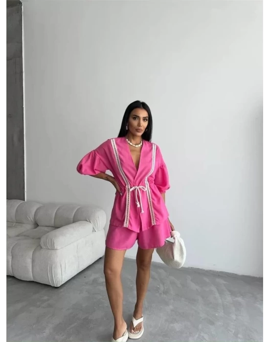 KETEN BEL BÜZGÜLÜ BLUZ-PANTOLON TAKIM - Fuşya