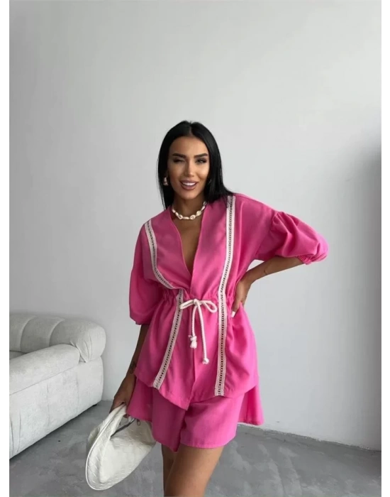 KETEN BEL BÜZGÜLÜ BLUZ-PANTOLON TAKIM - Fuşya