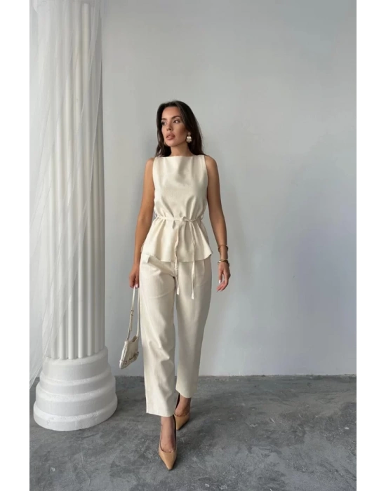 KETEN BLUZ - PANTOLON TAKIM MASSİMO MODELSCREAT KUMAŞ - Bej