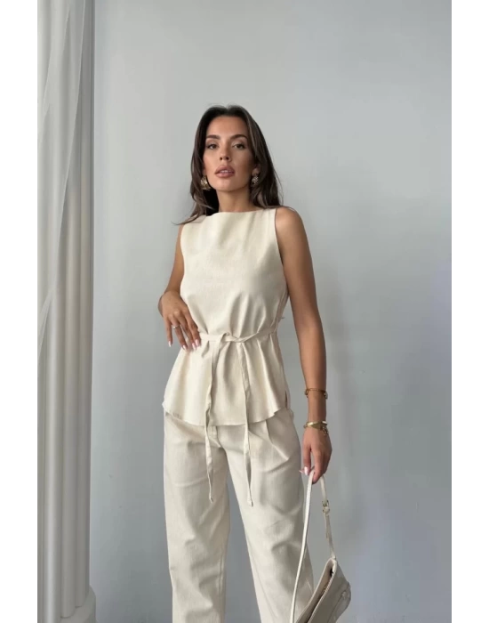 KETEN BLUZ - PANTOLON TAKIM MASSİMO MODELSCREAT KUMAŞ - Bej