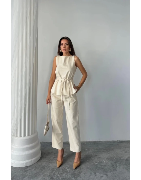 KETEN BLUZ - PANTOLON TAKIM MASSİMO MODELSCREAT KUMAŞ - Bej