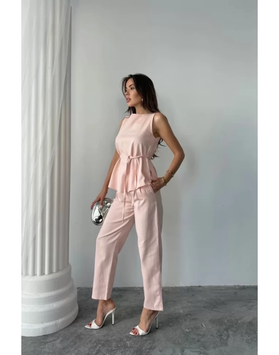 KETEN BLUZ - PANTOLON TAKIM MASSİMO MODELSCREAT KUMAŞ - Pudra