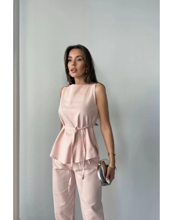 KETEN BLUZ - PANTOLON TAKIM MASSİMO MODELSCREAT KUMAŞ - Pudra