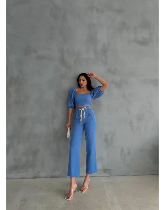KETEN CROP KARPUZ KOL BLUZ-PANTOLON HASIR KEMERLİ - Mavi