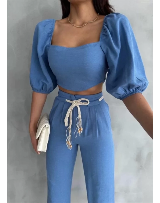 KETEN CROP KARPUZ KOL BLUZ-PANTOLON HASIR KEMERLİ - Mavi