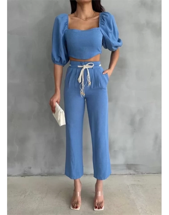 KETEN CROP KARPUZ KOL BLUZ-PANTOLON HASIR KEMERLİ - Mavi