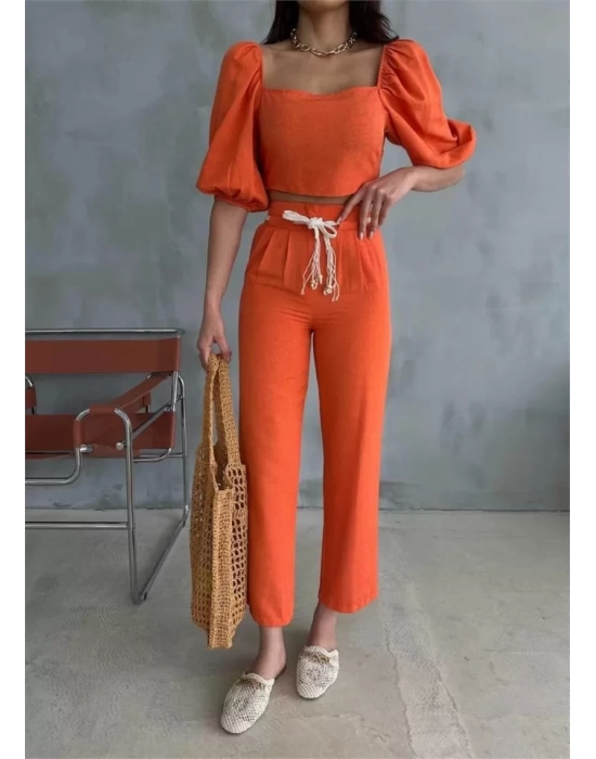 KETEN CROP KARPUZ KOL BLUZ-PANTOLON HASIR KEMERLİ - Orange