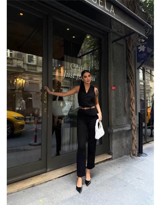 KETEN DUBLE PAÇA DERİ TABA KEMERLİ PANTOLON - Siyah