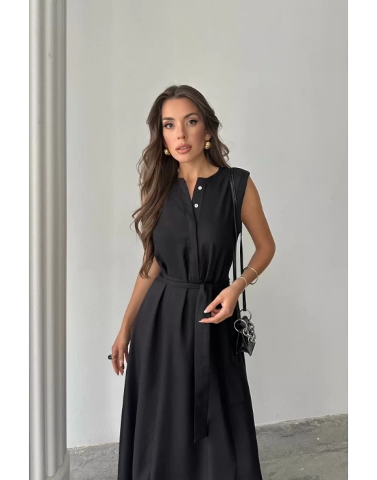 KETEN ELBİSE KOLSUZ BEL BAĞLAMALI MAXİ ELBİSE - Siyah