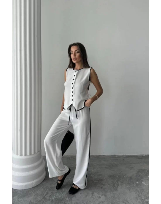 KETEN KENARLARI BİYELİ YELEK - PANTOLON TAKIM - Beyaz