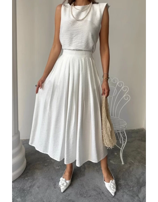 KETEN KOLSUZ BLUZ - MAXİ ETEK TAKIM - Beyaz