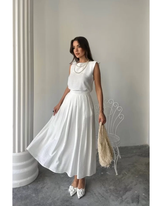 KETEN KOLSUZ BLUZ - MAXİ ETEK TAKIM - Beyaz