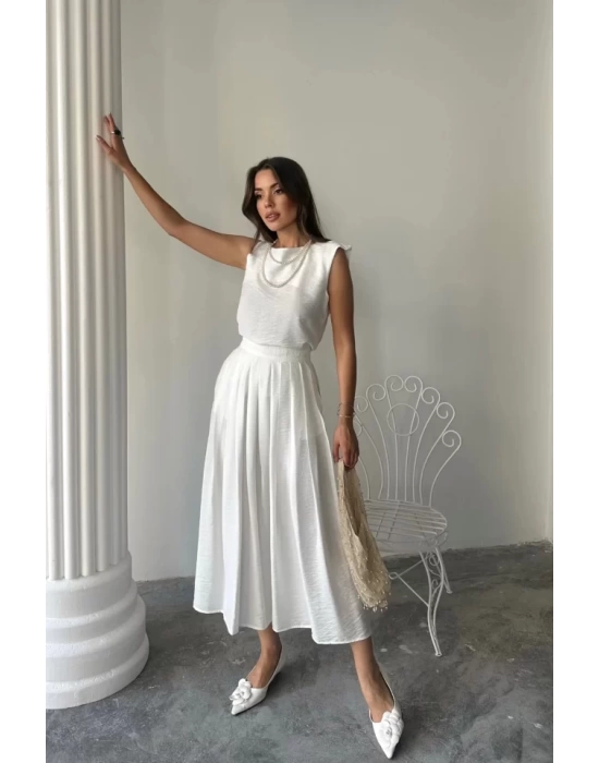KETEN KOLSUZ BLUZ - MAXİ ETEK TAKIM - Beyaz