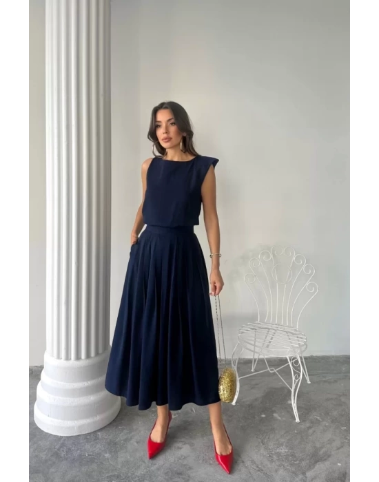 KETEN KOLSUZ BLUZ - MAXİ ETEK TAKIM - Lacivert