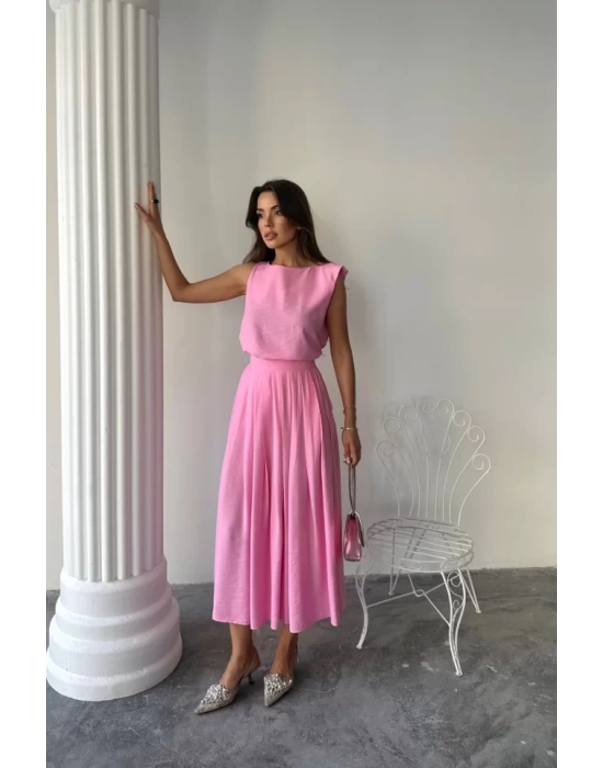 KETEN KOLSUZ BLUZ - MAXİ ETEK TAKIM - Pembe