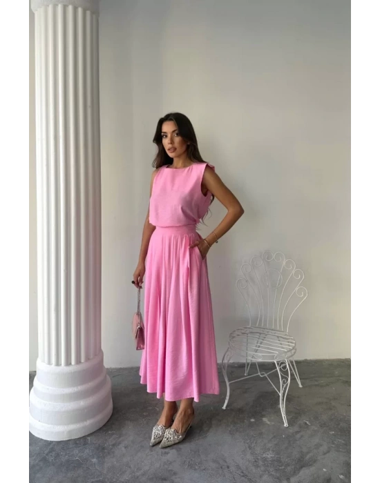 KETEN KOLSUZ BLUZ - MAXİ ETEK TAKIM - Pembe