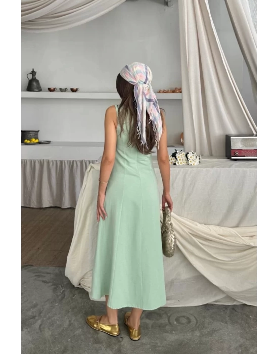 KETEN KOLSUZ KARE YAKA DÜĞME DETAYLI ELBİSE - Mint