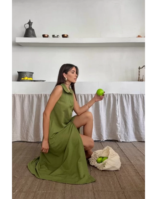 KETEN ÖNDEN DÜĞMELİ KOLSUZ GÖMLEK YAKA ELBİSE - Yağ Yeşili
