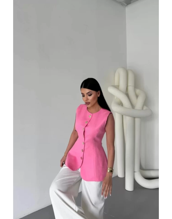 KETEN YELEK BELDEN OTURTMALISIRALI DÜĞME DETAYLI - Pembe