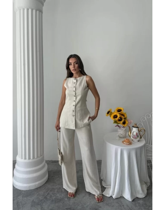 KETEN YELEK - PANTOLON TAKIM - Taş